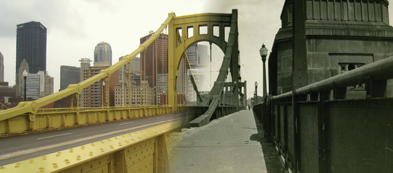 Composite image of the 6th Street bridge as it was in 1928 and today